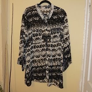 CB established 1962 womens blk/wht tapestry hi low button up sheer top size 2X